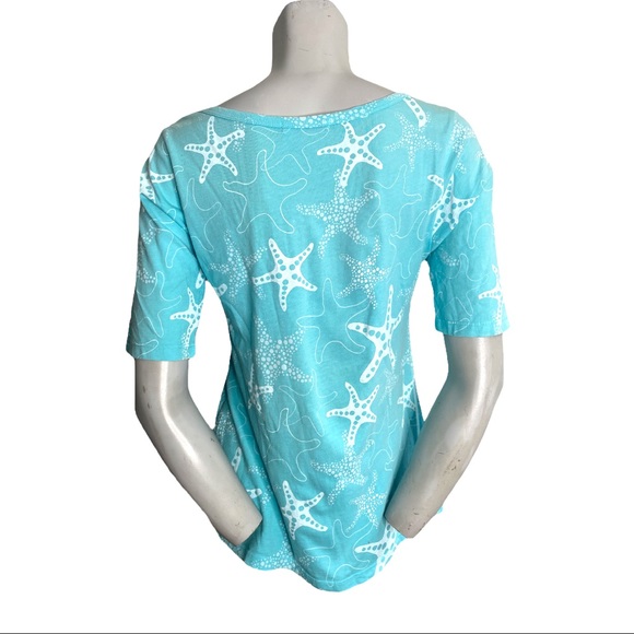 Fresh Produce Blue White Starfish Print Scoop Neck Short Sleeve Tshirt Size XS - Picture 2 of 4